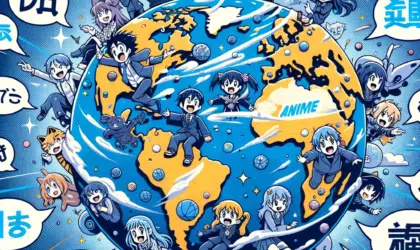 Illustration of a globe with anime drawings characters from various genres popping out
