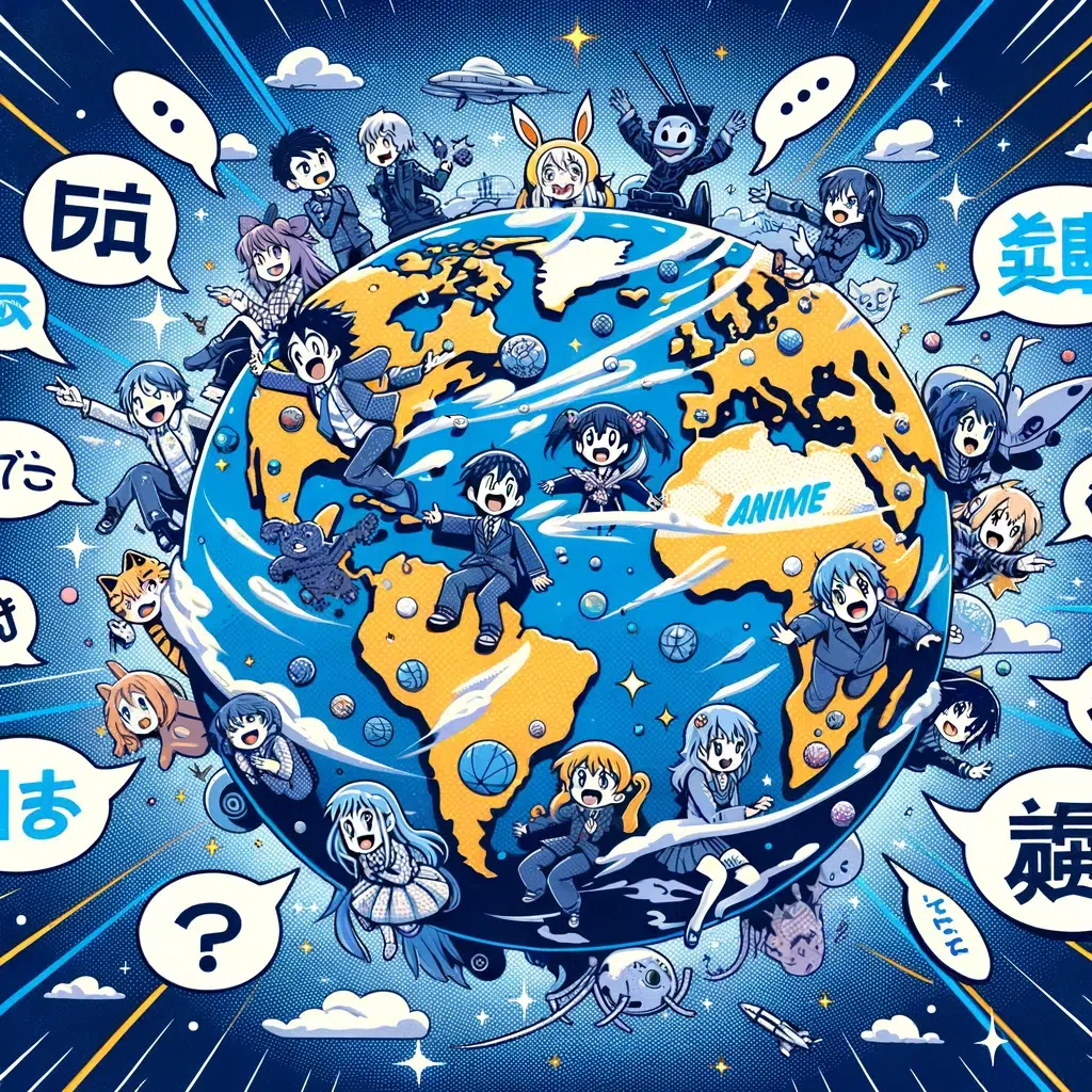 Illustration of a globe with anime drawings characters from various genres popping out