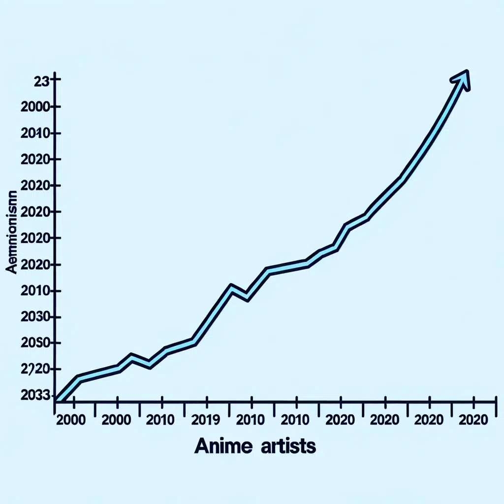 Vector image of a line graph illustrating the surge in anime artists from 2000 to 2023